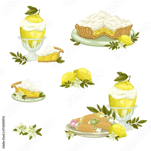 A hand-drawn vector collection of delicious lemon desserts. Features lemon tarts, lemon sorbet, and fresh lemons. Perfect for food blogs and cafe menus.