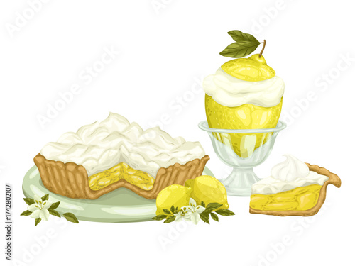 A delightful hand drawn vector  illustration of Italian lemon ice cream and lemon tart with lemons and lemon flowers. This composition is perfect for summer menus, ice cream  food blogs and any design