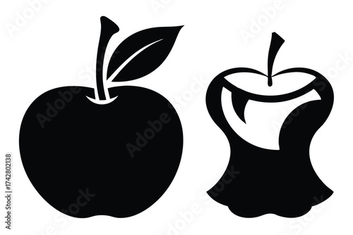 A crisp whole apple sits beside its eaten, hollowed core remains vector