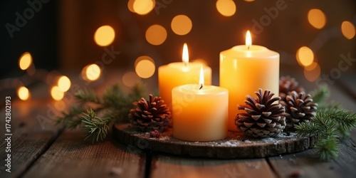Three burning pillar candles with frosted pine cones and evergreen sprigs on rustic wooden table Christmas holiday centerpiece warm candlelight