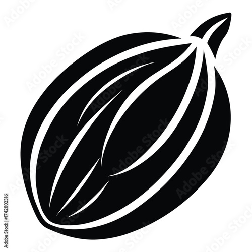 Silhouette of a cardamom pod shows its distinctive ridges in a simple, elegant vector