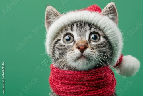 Cat Wearing Red Santa Claus Hat. Green color background. Copy space. Cute funny kitten dressed carnival costume. Humor. Feline wear warm scarf. Xmas party. Winter celebrations with domestic animals