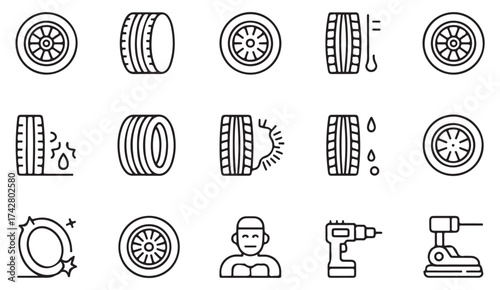 Black line tire icon collection showing tread, repair, and car mechanic concepts for auto illustration