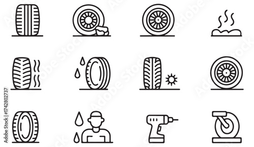 Tire repair and auto service icon set with mechanic, drill, and wheel symbols in vector line art style