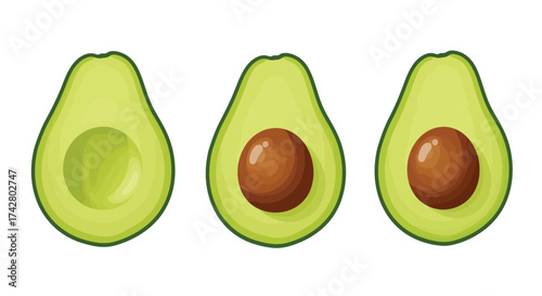 Three avocados showing stages of ripeness and seed visibility