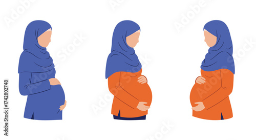 Three pregnant women wearing hijabs in different shades of blue