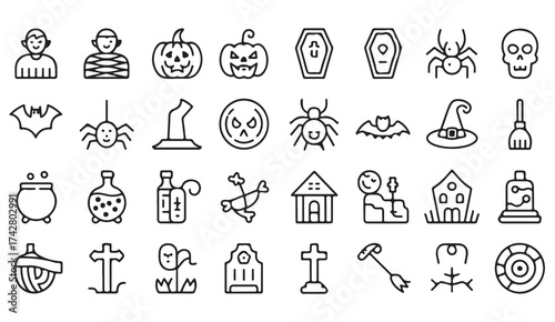 Collection of Halloween outline icons featuring cauldrons, skulls, graves, and potions for festive art
