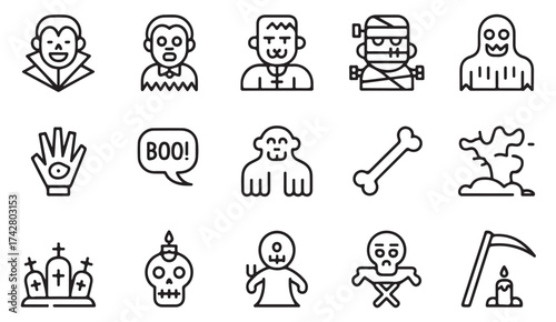 Halloween vector icons in outline style with creepy character heads, skulls, and graveyard art