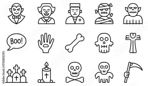 Scary Halloween character icon collection with vampire, mummy, zombie, and grave symbols