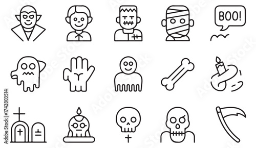 Halloween line art icon set featuring spooky monsters, ghosts, and skeletons for horror vector design