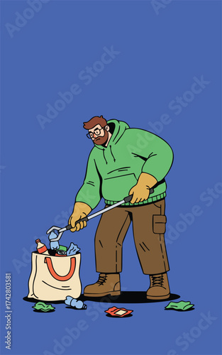 Person cleaning trash with grabber wearing a hoodie and gloves near bag
