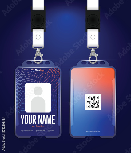 Editable Event and Corporate Id Card Design: A sleek and modern identification card with a vibrant design is presented against a sophisticated dark backdrop, showcasing both sides of the card.