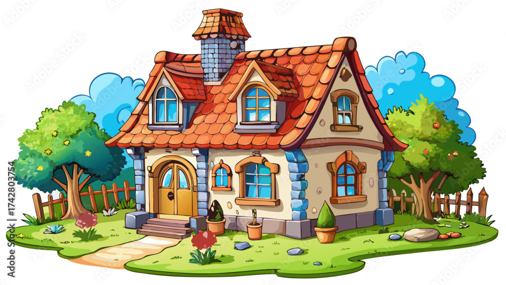 Naklejka premium very beautiful a super beautiful french cottage with super beautiful spring vibes cartoon like in a white background