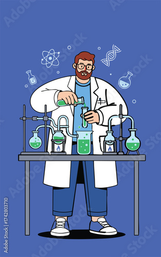 Scientist at lab bench pours green liquid between beakers  flasks with molecule  DNA drawings hovering behind him