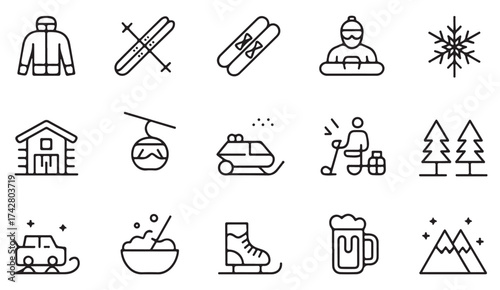 Minimal winter recreation icons, vector pack of mountains, snow gear, and ski equipment for design