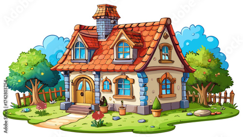 very beautiful a super beautiful french cottage with super beautiful spring vibes cartoon like in a white background