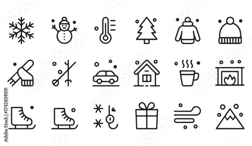 Modern winter season icon set, black outline symbols for snow, warmth, and holiday themes