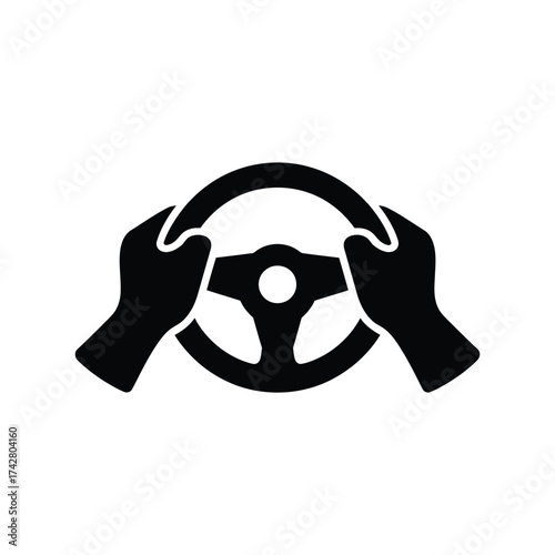 Simple black and white icon design of hands holding a steering wheel for driving vector