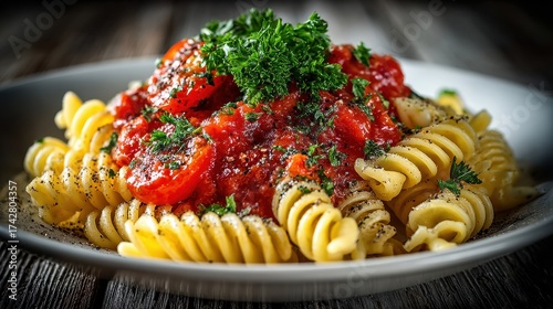 Pasta dish with tomato sauce and parsley on a plate