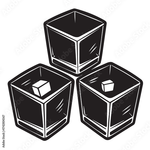 A black and white illustration of three glasses with ice cubes, isolated on white background, perfect for bar themes, drink designs, or beverage illustrations, showcasing refreshment and relaxation