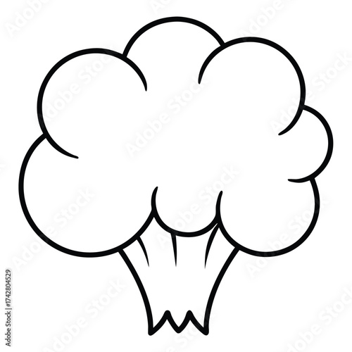 Black outline defines a stylized broccoli floret against a plain, stark white backdrop