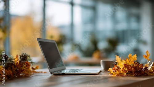Cozy autumn workspace featuring a laptop and warm cup beside vibrant fall leaves, inspiring creativity and productivity