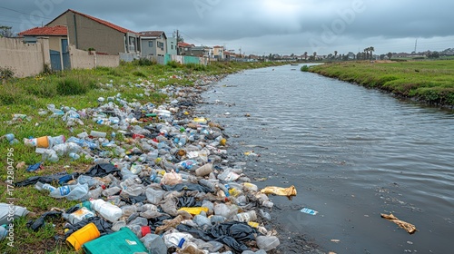 Wallpaper Mural Polluted canal lined with plastic waste near houses Torontodigital.ca