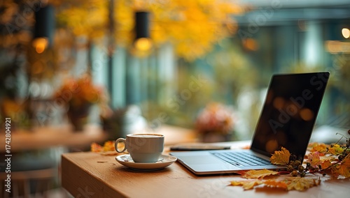 Cozy autumn workspace featuring a steaming coffee cup and laptop amidst vibrant fall foliage, perfect for remote work inspiration
