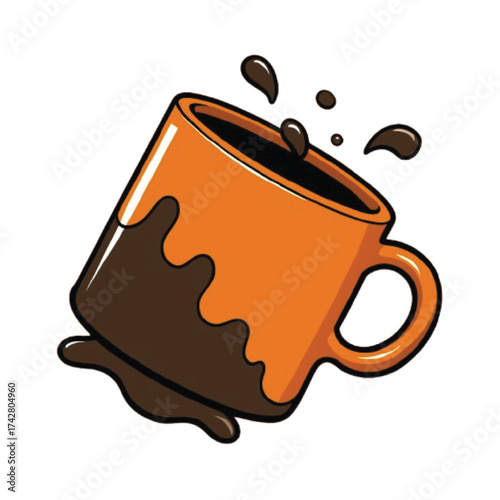 An illustration of an orange mug with coffee spilling out of it, isolated on white background the coffee is dark brown and the mug is tilted to the side, creating a dynamic and messy scene