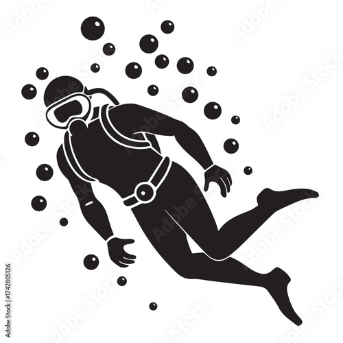 Illustration of a scuba diver swimming underwater with bubbles around, isolated on white background the diver is wearing a mask, oxygen tank, and fins, and is in a diving position