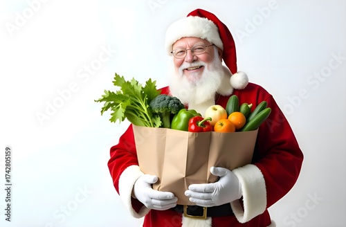 Santa Claus with a Bag of Fresh Vegetables and Fruits on a white Background