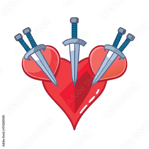 Illustration of a heart pierced by three swords, isolated on white background the heart is red and the swords are silver with blue hilts, creating a striking contrast