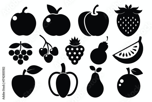 Solid black fruit icons compose a simple set on a white background