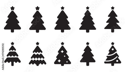 Simple pine tree icons pack, abstract and modern holiday vector symbols with star toppers
