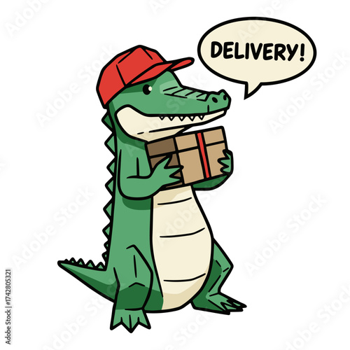 cartoon alligator mascot wearing red cap and holding a delivery box illustration