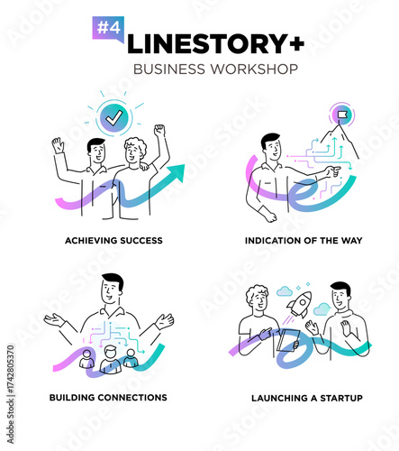 Set of illustrations people are holding a workshop. Workflow, growth, graphics. Business development, milestones, start-up. linear illustration Icons infographics. Landing page site print poster. Line