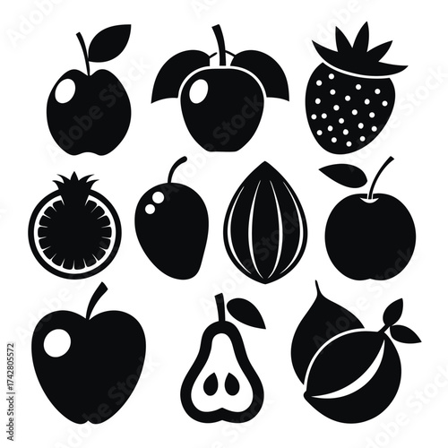 Black and white food icons present apples, strawberry, orange slice, almonds, and pear