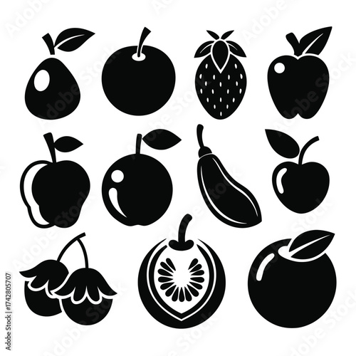Various fruits like apples, pears, strawberries and plums are illustrated in black silhouette