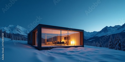 Minimalist modern glass cabin with warm interior light at blue hour in snow-covered mountains