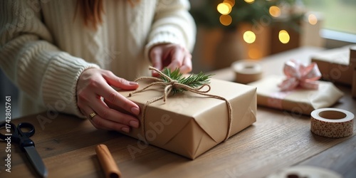 Christmas gift wrapping with female hands tying natural twine bow on kraft paper box with pine and cinnamon