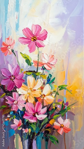 Impressionistic floral still life, vibrant blossoms against a colorful backdrop