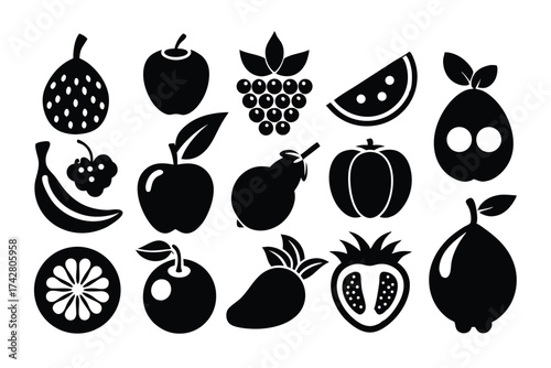 Collection of black monochromatic fruits featuring various silhouettes and textures creating simple yet elegant produce icons