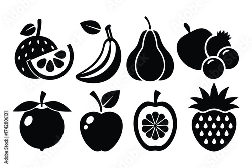 Variety of black fruit icons displays fresh organic produce in an artistic format
