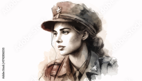 Young female officer in vintage military uniform drawn in pencil and watercolor style on white background