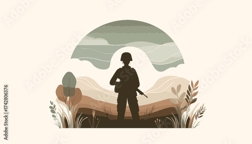 Vigilant Soldier Silhouette Standing in a Muted Natural Landscape Illustrating Solitude and Readiness with Copy Space
