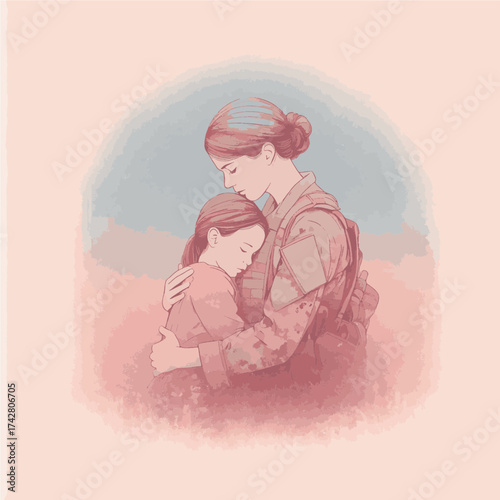 Female soldier with peaceful mood embracing her child in emotional reunion against soft background