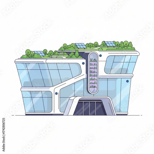 Futuristic eco-friendly building with rooftop garden, solar panels, and modern glass architecture, designed for sustainable living and innovation