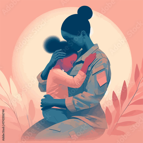 Black female soldier with loving mood holding her daughter in warm embrace against pastel background