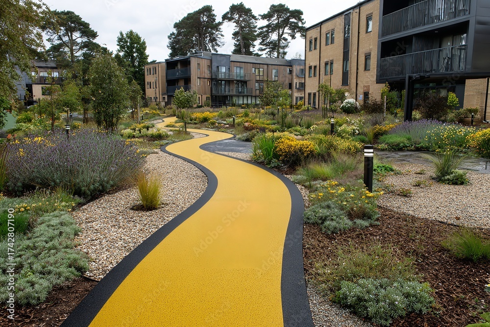Fototapeta premium Vibrant yellow winding path invites exploration through a beautifully landscaped modern residential garden with contemporary apartment buildings