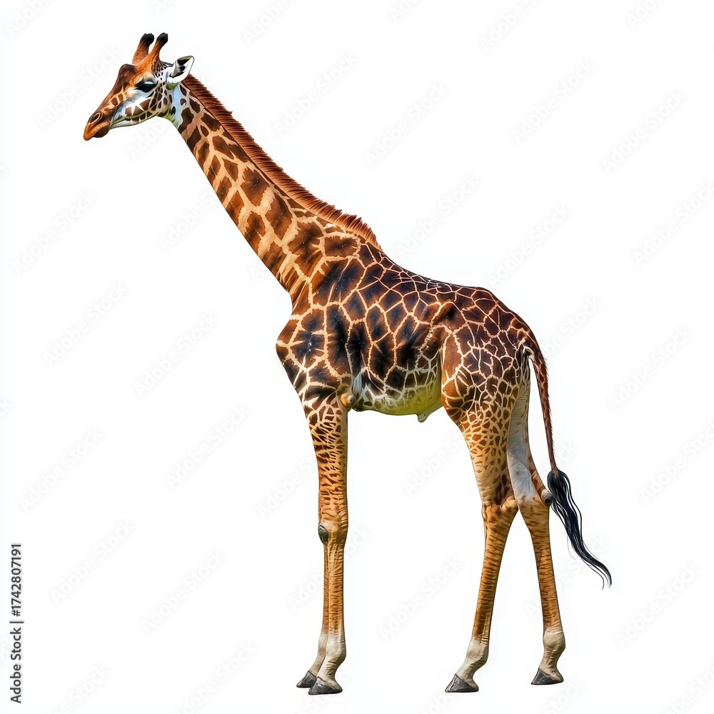 Fototapeta premium Elegant giraffe animal in wildlife setting showcasing tall stature, long neck, distinctive pattern, and natural habitat for wildlife photography and zoo displays
